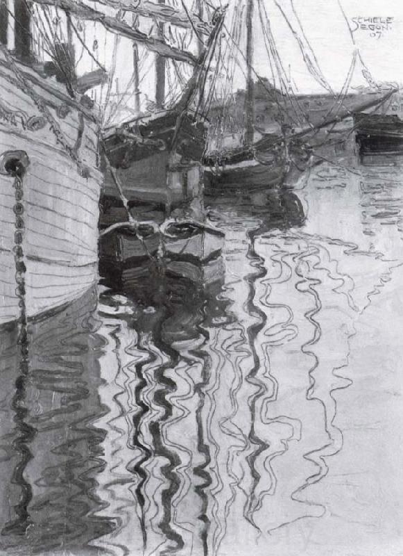 Egon Schiele Sailing-ships in trieste harbour Spain oil painting art